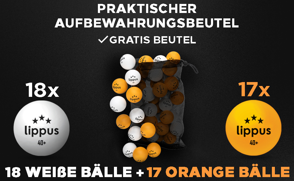 Набір тенісних м'ячів для настільного тенісу 3 зірки (35 шт.) - 18 білих та 17 помаранчевих м'ячів + сумка для зберігання. Відповідає стандартам змагань.