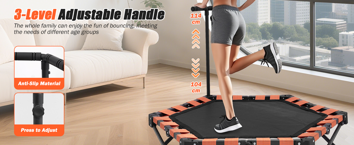 Складаний батут для дому, 130 кг, чорний | Фітнес-батут для дітей та дорослих з регульованою ручкою
