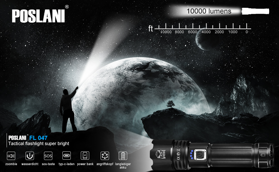 Потужний ліхтар XHP70.2 з 600000 люмен, водонепроникний IPX67, перезаряджуваний USB-C, з зумом, 5 режимів освітлення, акумулятор 5000 mAh + 3 x AAA