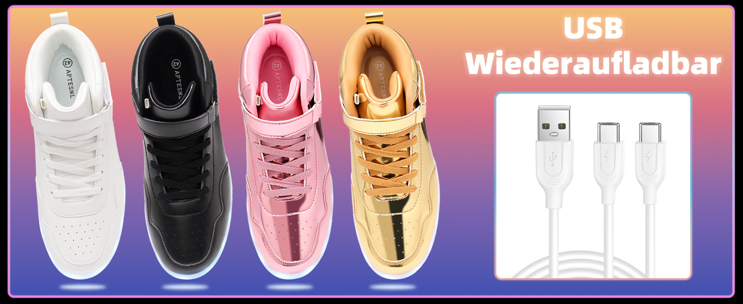 APTESOL LED кросівки високі, світлодіодні, USB зарядка, для жінок та чоловіків (36 EU, білі)