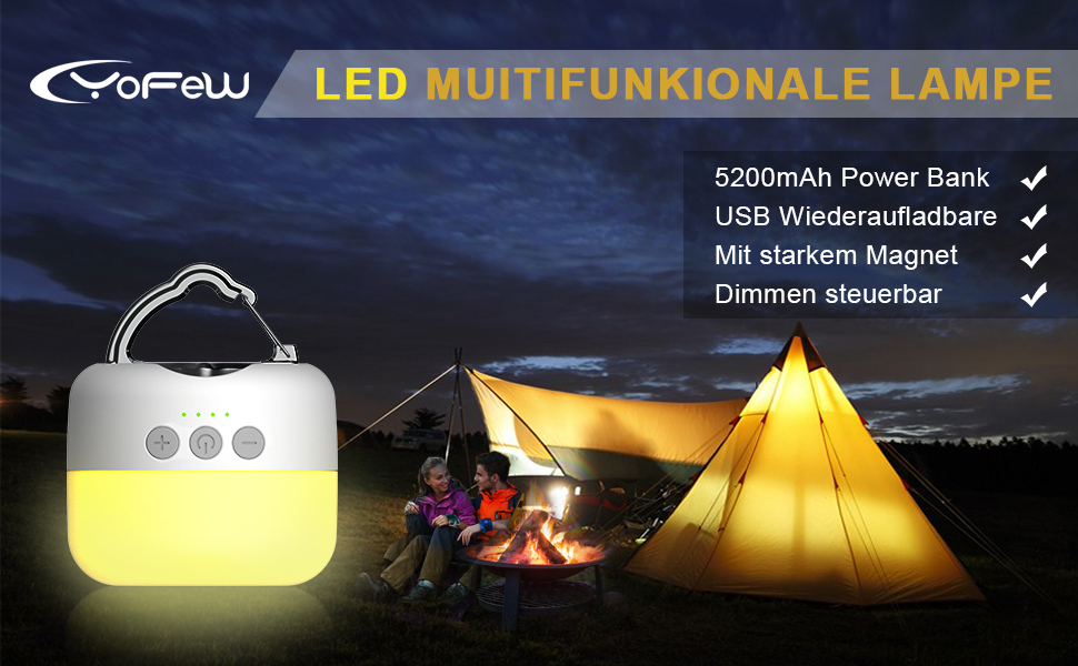 Ліхтар кемпінговий LED USB, 5200 mAh, 4 режими яскравості, регулювання, магнітний, для туризму та надзвичайних ситуацій