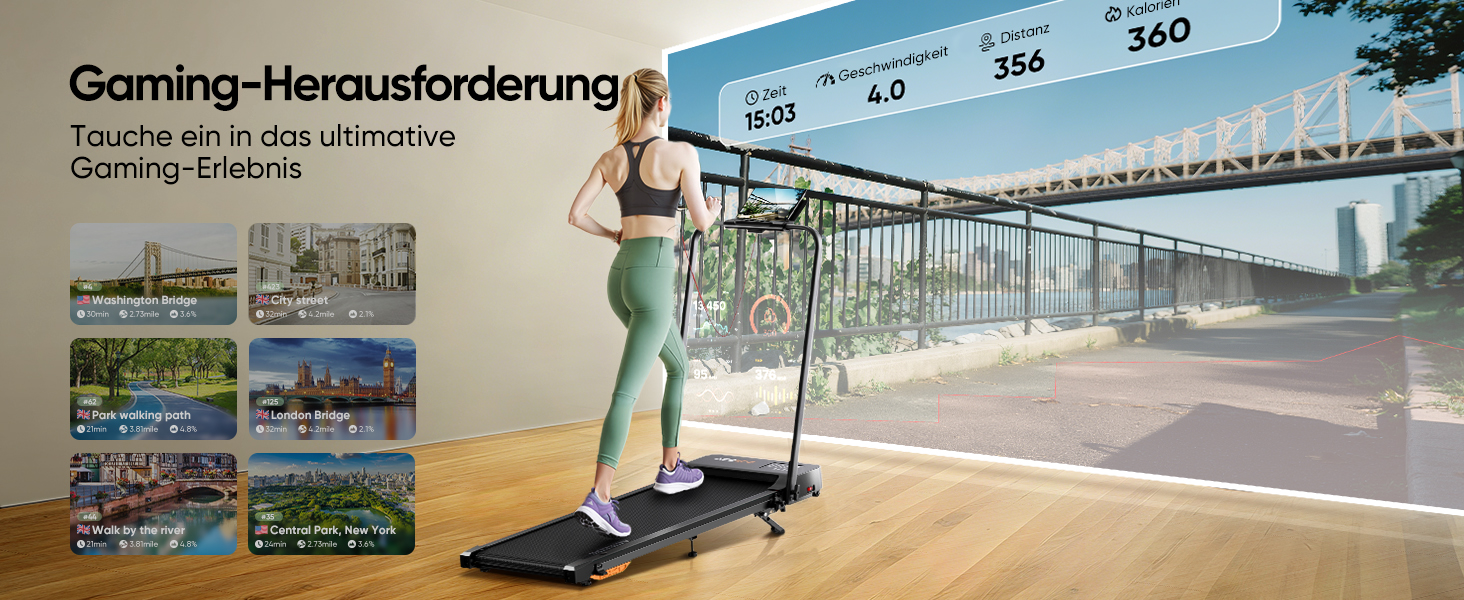 Біговий тренажер 6-в-1 для дому, складаний, з регулюванням нахилу 10% та ручками. Макс. вага 135 кг, LED-дисплей, пульт ДУ та додаток. Без встановлення (Чорний/Помаранчевий)