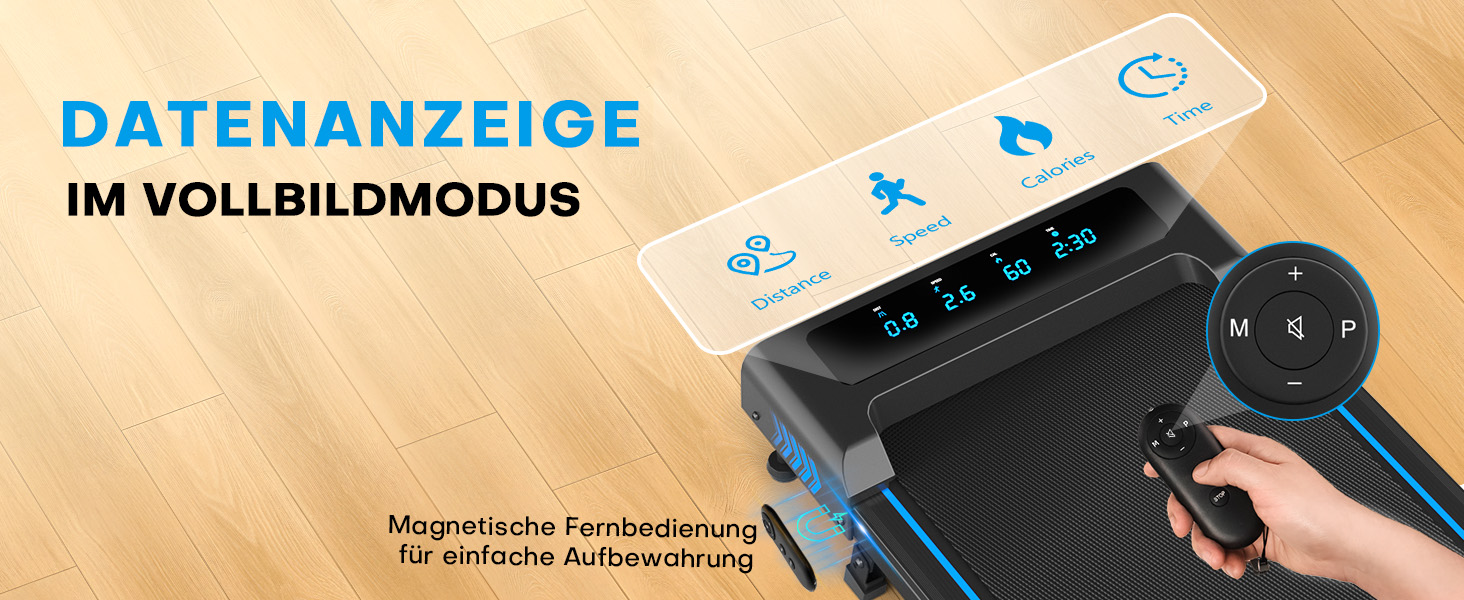 Walking Pad Laufband для дому 4-в-1: біговий стіл з підйомністю 9%, безщітковий двигун 2.5HP, LED-дисплей, пульт дистанційного керування, 12 HIIT-програм, до 150 кг, без встановлення, чорно-синій, з режимом повноекранного відображення