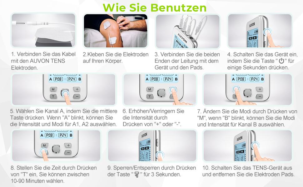 AUVON TENS/EMS масажер для тіла: 24 режими, 10 електродів, зняття болю, терапія, білий