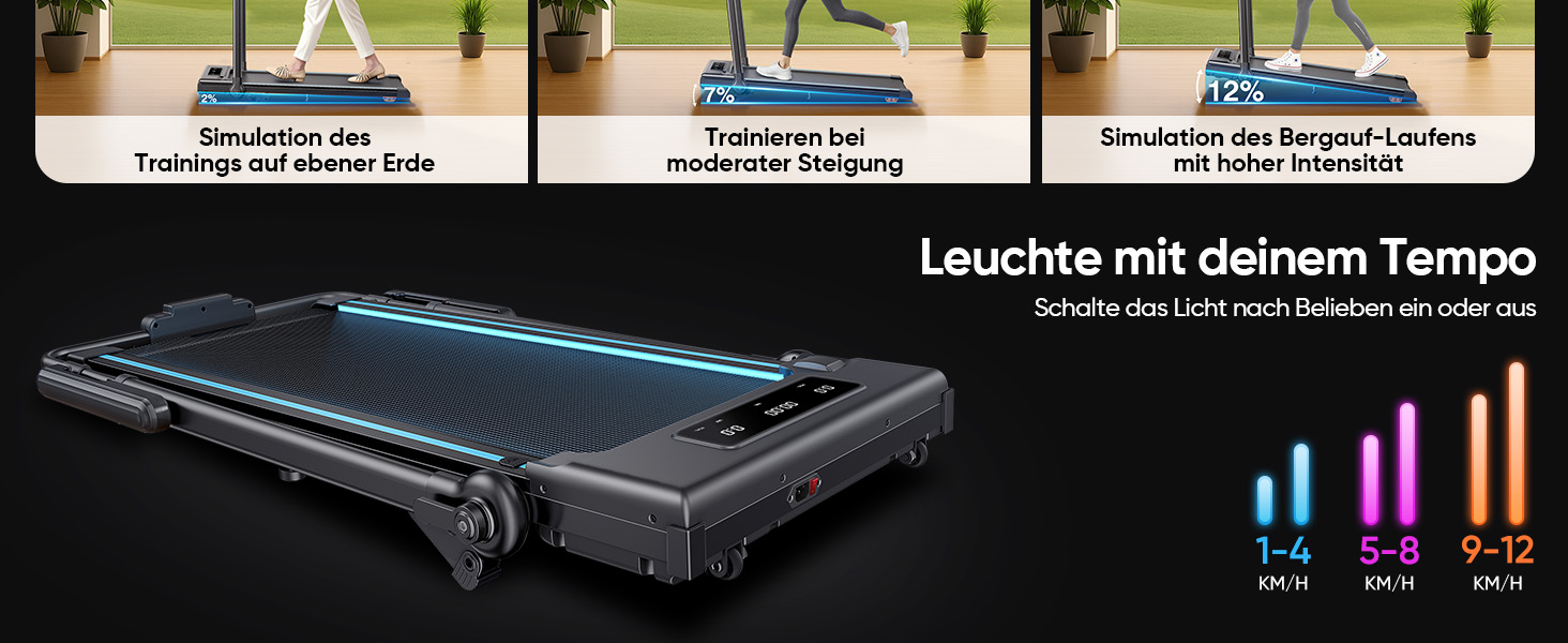 Складне бігове полотно 6-в-1 для дому, складане з регульованим столом, потужність 3.0HP, нахил до 12%, швидкість 12 км/год, Walking Pad з телескопічним підйомником 15 см та RGB-підсвіткою, максимальне навантаження 150 кг, чорно-блакитний колір