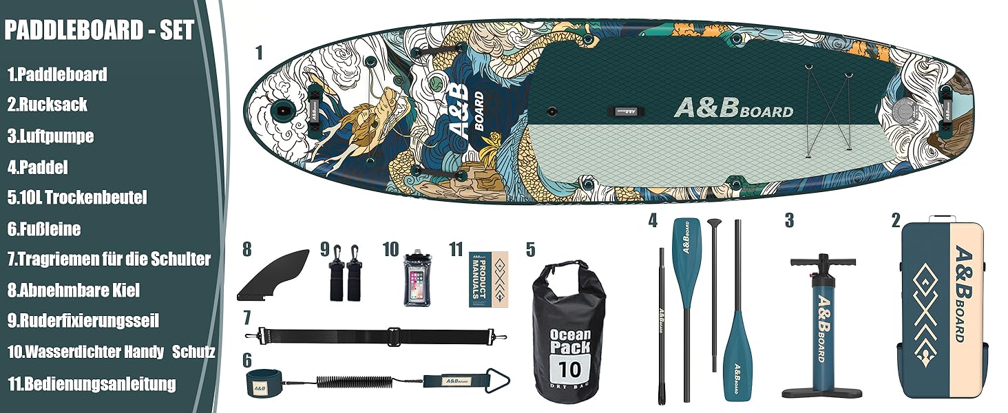 Надувний SUP-борд A&BBOARD з аксесуарами, 335x88 см, подвійна помпа, рюкзак, стабільний дизайн, для молоді та дорослих, колір Лава Грін + Дракон