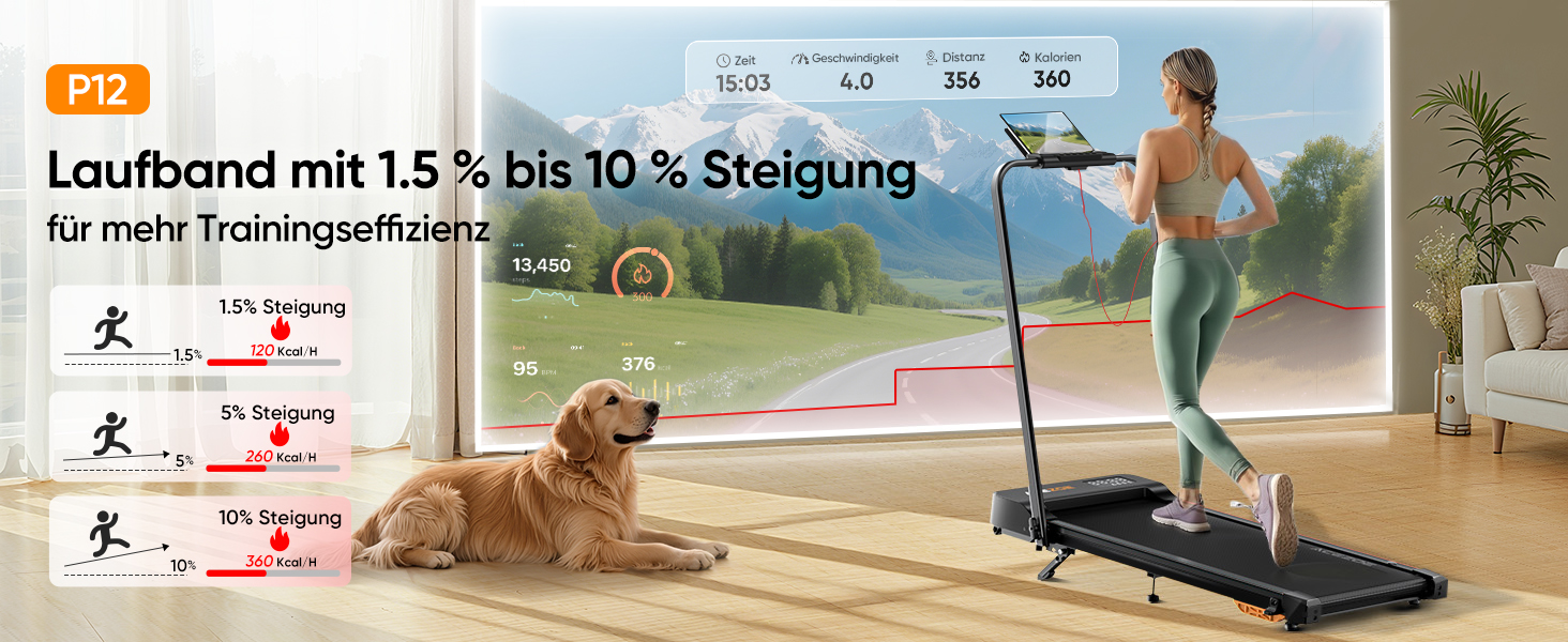 Біговий тренажер 6-в-1 для дому, складаний, з регулюванням нахилу 10% та ручками. Макс. вага 135 кг, LED-дисплей, пульт ДУ та додаток. Без встановлення (Чорний/Помаранчевий)