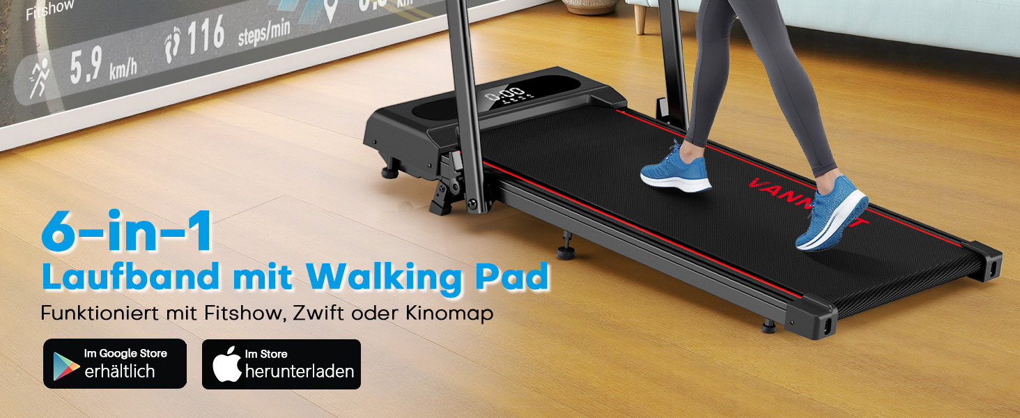 Vannect Walking Pad - складане бігове полотно для дому, 1-12 км/год, нахил 9%, LCD-дисплей, керування з пульта, додатком та ручкою, до 150 кг, чорно-синій