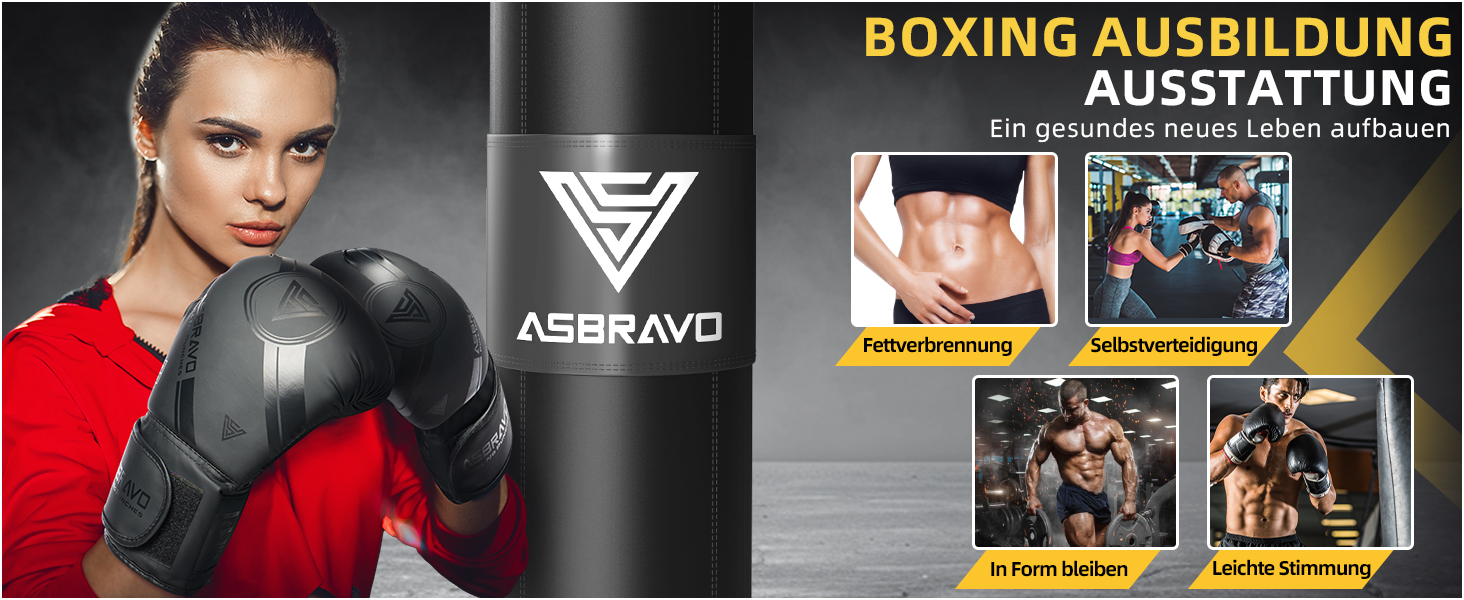 Боксерський мішок ASBRAVO для дорослих, комплект з рукавичками 12oz, для MMA, муай-тай, кікбоксингу, тренувань вдома, чорний