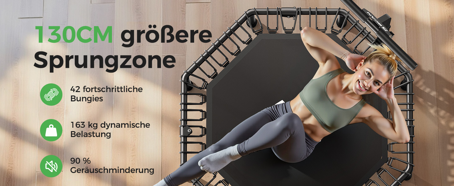 Трамплін для дому BCAN Fitness, діаметр 102/122/130 см, пружинний/з еластичними тросами, для дорослих до 250 кг, з регульованими ручками, тихий та з низькою вібрацією, зелений 102 см