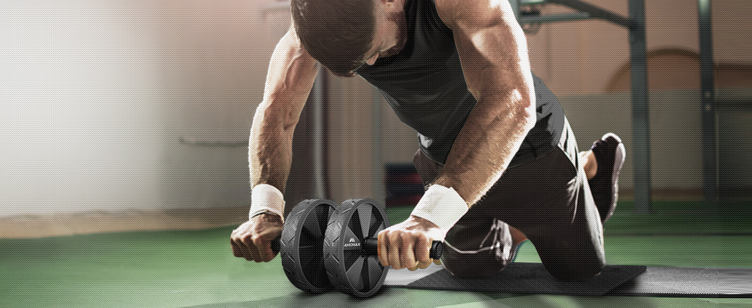 Ролер для пресу Amonax, тренажер для живота, колісо для пресу з килимком для колін, для чоловіків та жінок, тренування пресу (Чорний 3-в-1 комплект)