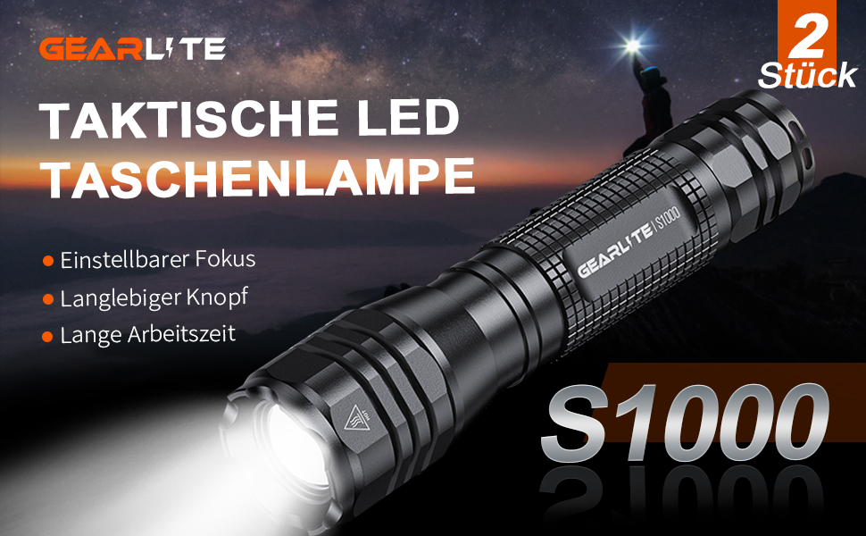 LED ліхтарик GEARLITE 4000 Lumen, 2 шт., водонепроникний, з зумом, для кемпінгу, туризму, екстрених ситуацій