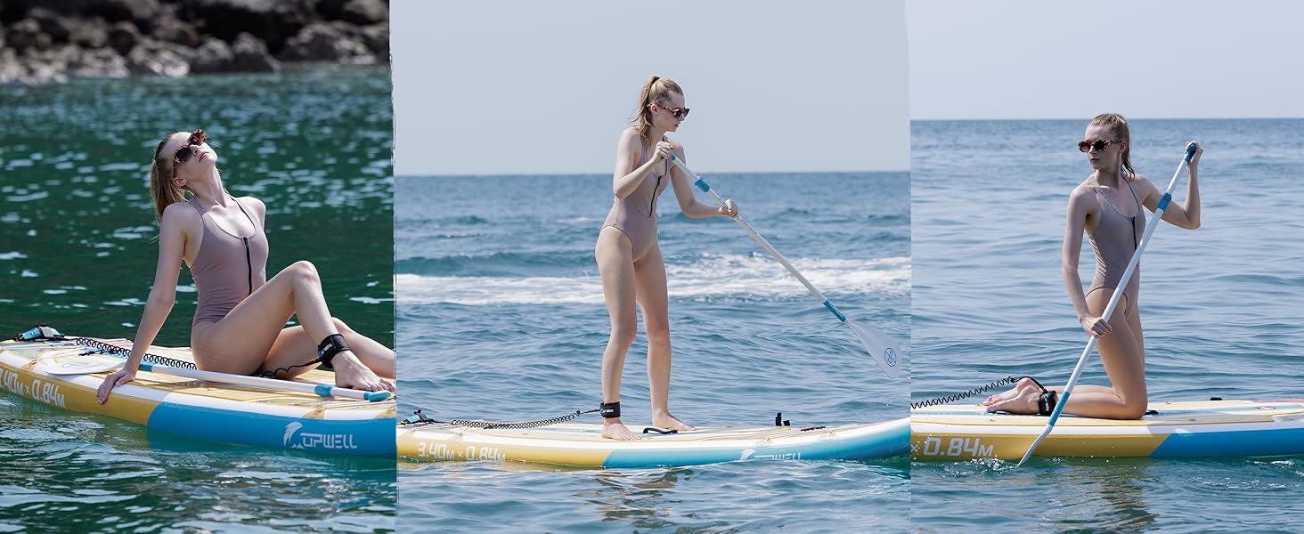 Надувний SUP Борд UPWELL Premium Stand Up Paddling Board з сидінням та кріпленням для камери, комплект, 204 кг вантажопідйомність, для 2 осіб, регульоване весло для початківців (340x84x15cm)