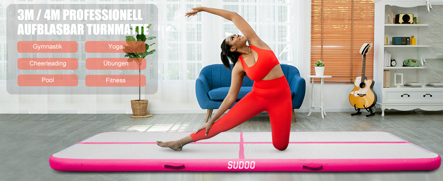 Надувний гімнастичний мат для дому та активного відпочинку 3м/4м/5м, 10см, рожева