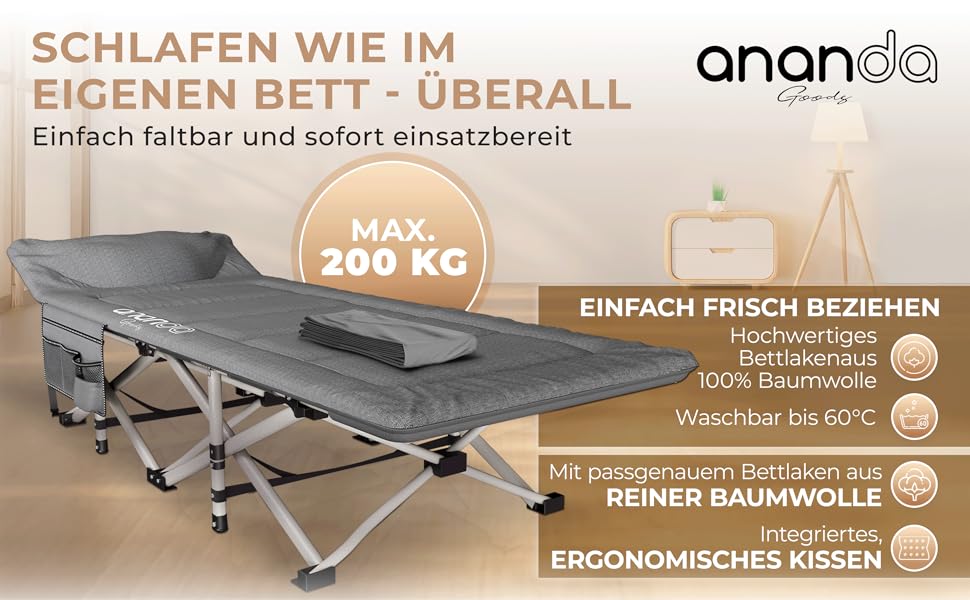 Розкладне ліжко Ananda Goods® для кемпінгу та гостей з матрацом – 190x70 см, карпове ліжко, туристичне ліжко, ліжко з бавовняно-льоновій матрац та простирадлом
