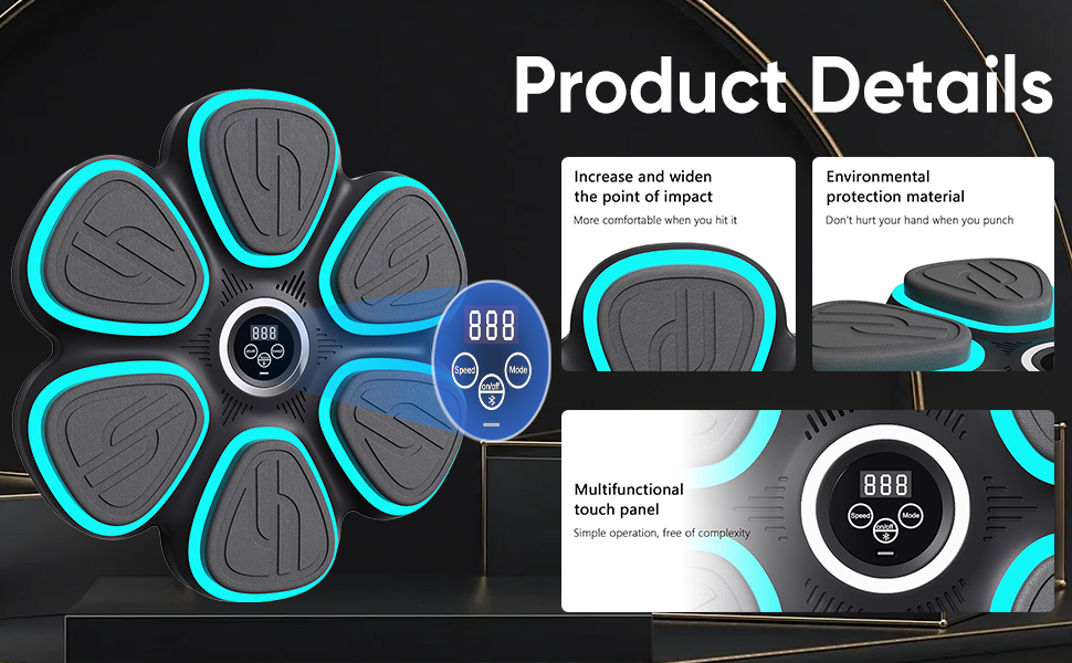 Музична бокс-машина Oamger з LED-підсвіткою, 9 режимів, з боксерськими рукавичками, інтелектуальним підрахунком та Bluetooth, для тренувань вдома для дітей та дорослих, чорний