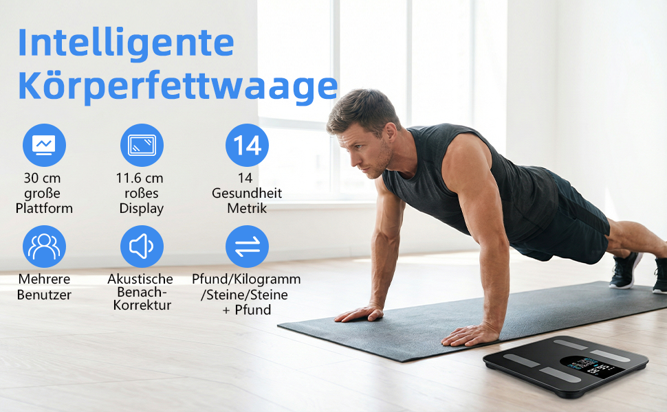 Розумні ваги для аналізу складу тіла з визначенням відсотка жиру, м'язової маси, BMI та вісцерального жиру, 25 показників, BIA-технологія, до 225 кг, чорні