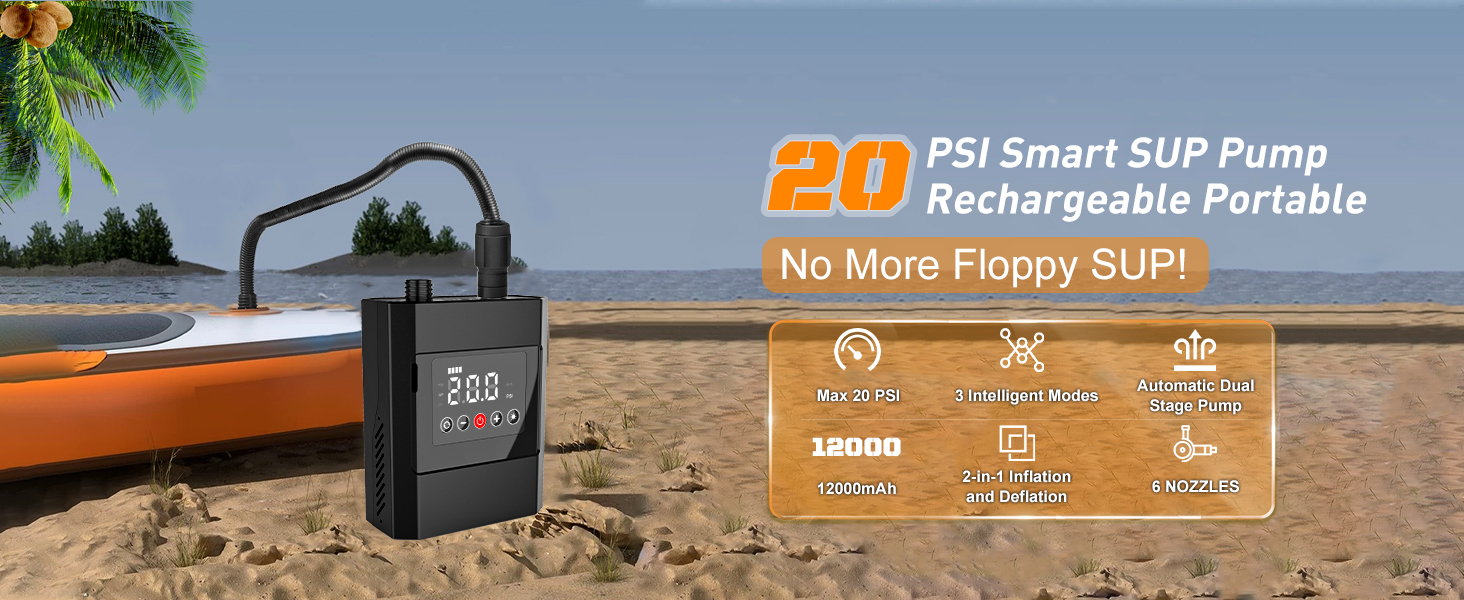 Електричний надувний насос SUP з акумулятором 12000mAh, 20 PSI, для SUP-дошок, човнів, каяків, кайтсерфінгу