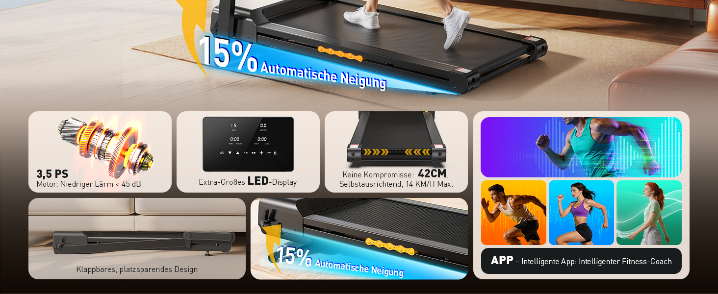 Складний біговий тренажер для дому з автоматичним нахилом 15%, потужність 3.5 PS, 12 програм HIIT, Smart App, швидкість 1-14 км/год, LED дисплей, вимірювання пульсу, вантажопідйомність 136 кг, чорний