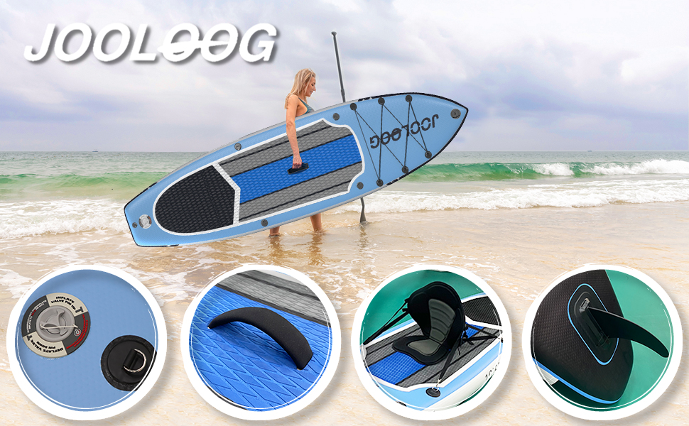Надувний SUP Board JOOLOOG Stand Up Paddle Board 300кг, 6 дюймів товщини, з аксесуарами для веслування, для дорослих та підлітків, довжина 10'2/10'5, 320 x 81 x 15 см (зелено-сірий, з синім сидінням та кріпленням для камери)