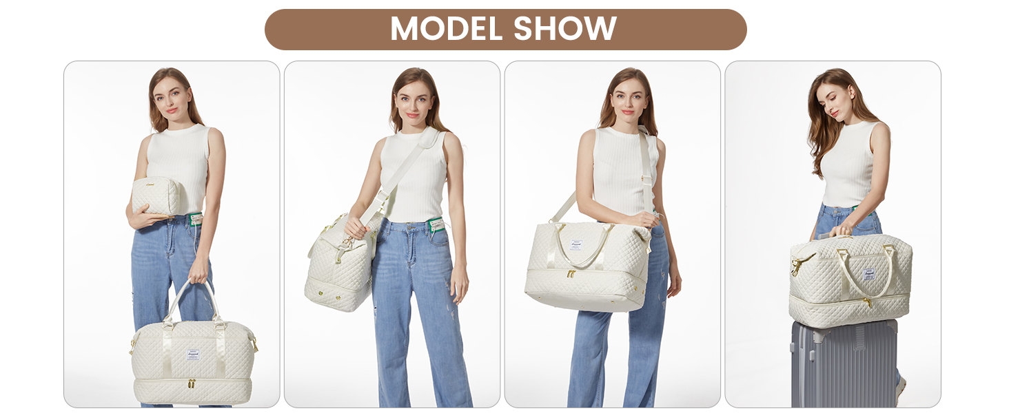 Спортивна сумка LOVEVOOK для жінок: велика дорожня сумка-мішок з косметичкою, відділенням для взуття та мокрих речей. Ідеальна для подорожей, клініки, пологів, вихідних. Водостійка сумка ручної поклажі для літака. 2 шт. Бежевий колір.