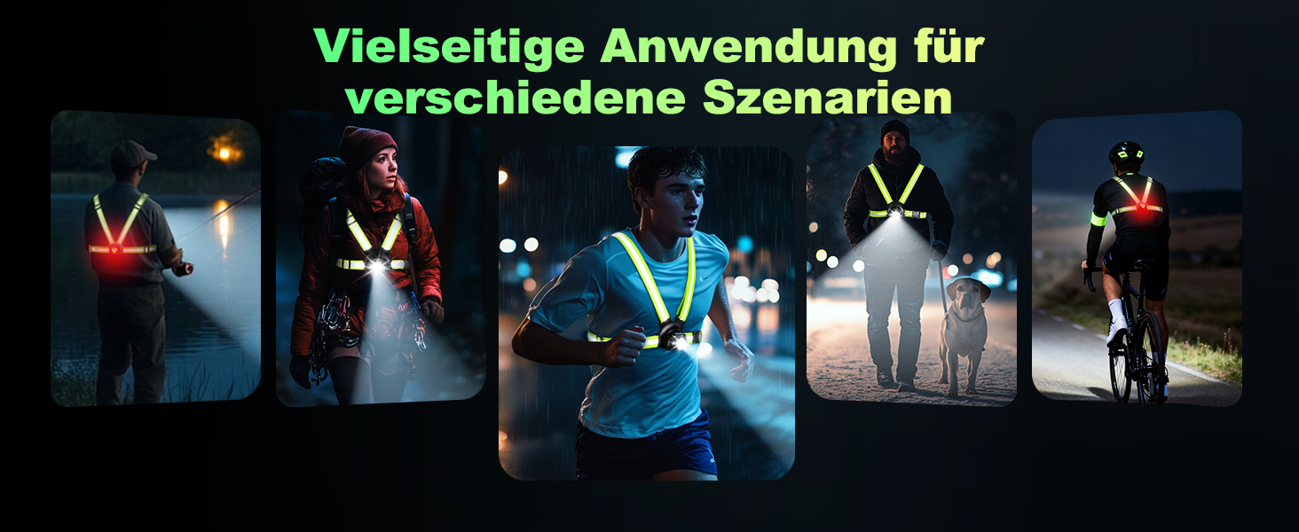 Лампа для бігу Lauflampe Joggen: нагрудна лампа з проблисковим світлом, 500 люмен, кут нахилу 45°, 2 кольори світла, USB-C, IPX4, подвійний ремінь з 360° світловідбивачами для кемпінгу, активного відпочинку, велоспорту (без заднього ліхтаря)