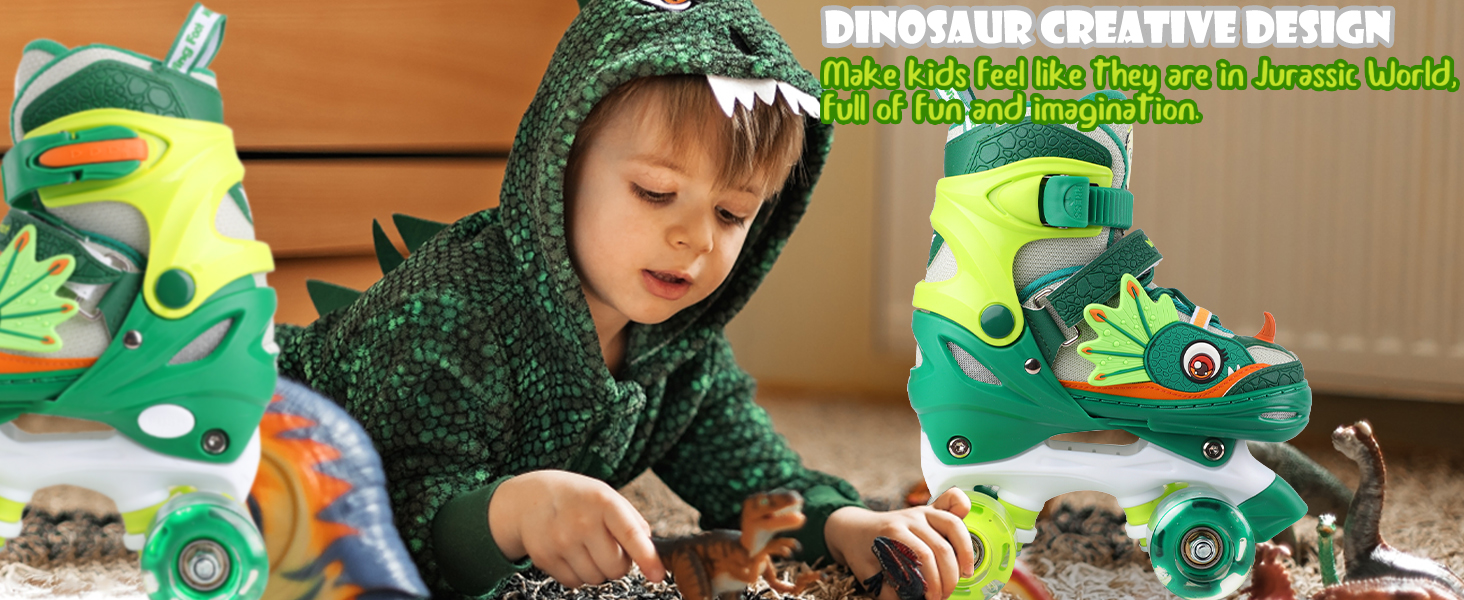 Ролики дитячі Kinder Dinosaurier з підсвічуванням, розмір регулюється, зелені