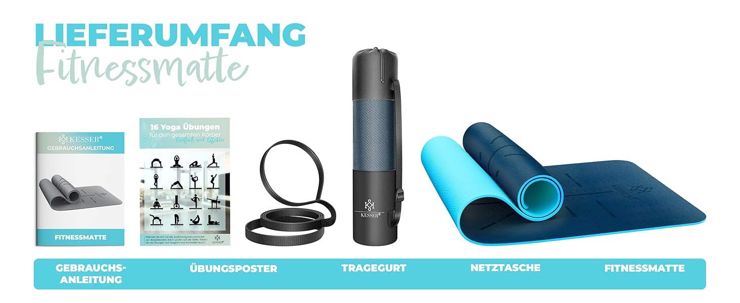 Килимок для гімнастики KESSER® з ручкою для перенесення, антиковзкий, TPE, з підкладкою, фітнес, спортивний, для фітнесу, пілатесу та гімнастики, 183 x 61 см, темно-синій / синій