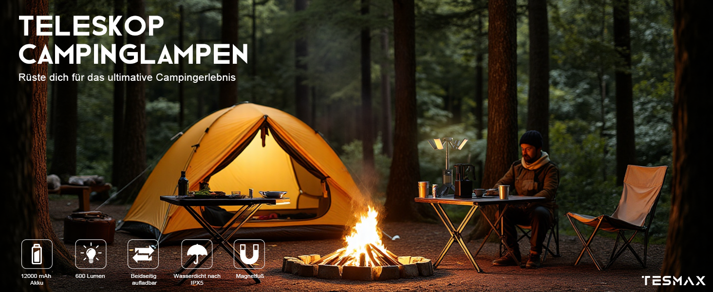 Ліхтар кемпінговий акумуляторний Teleskop Campinglampe 12000 mAh, багатофункціональний, магнітний, водонепроникний IPX5 для кемпінгу та подорожей