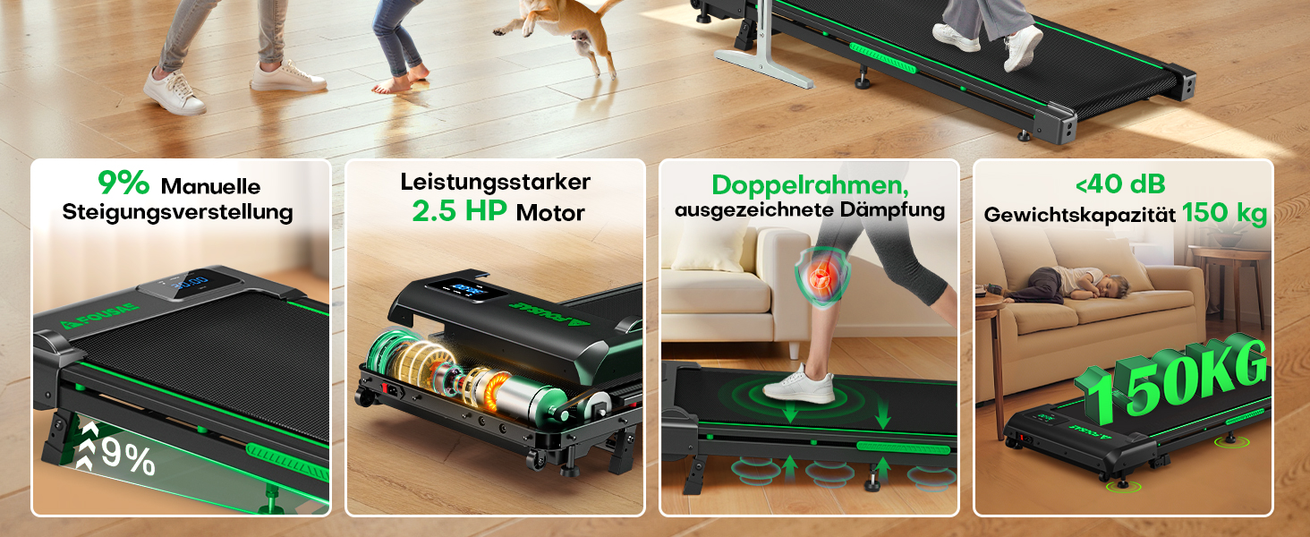 Walking Pad FOUSAE: Бігова доріжка для дому з регулюванням нахилу до 9%, LED-дисплеєм, пультом керування та мобільним додатком, 12 програм, до 150 кг, чорно-зелений