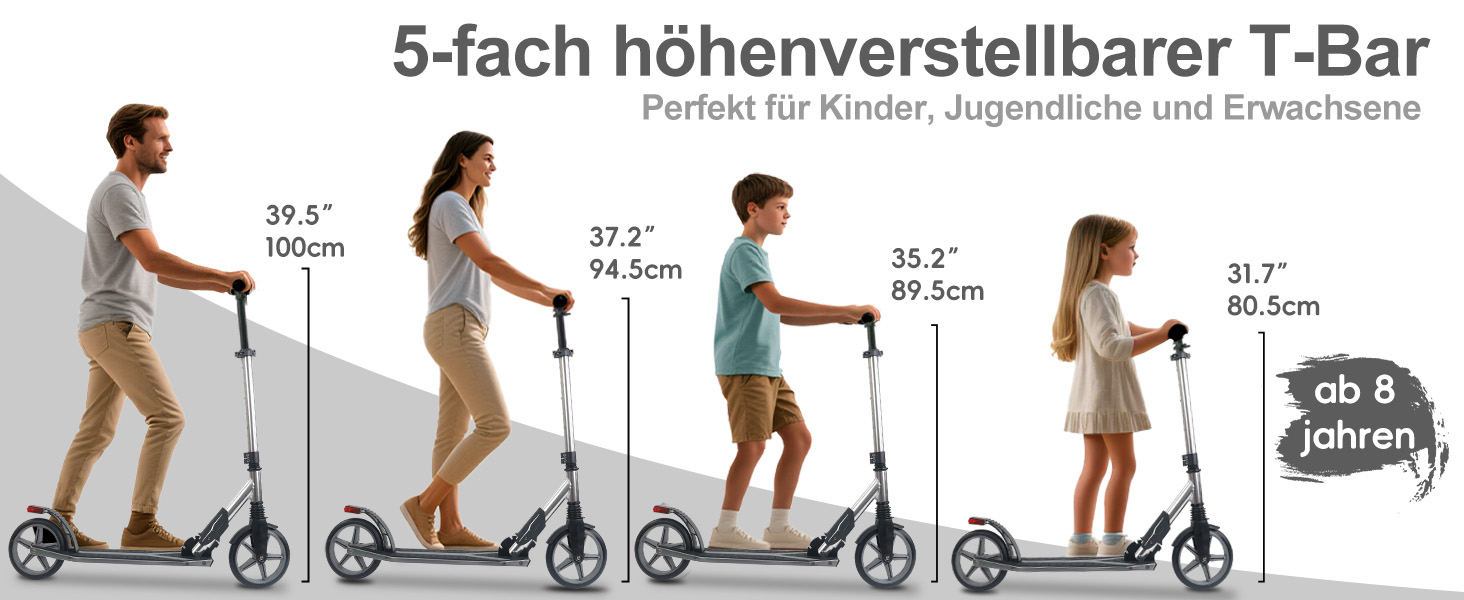 Скутер Lamborghini Tretroller Cityroller з великим колесом, складний, регульована висота, для дорослих та дітей, з підставкою, передньою амортизацією та гальмом на задньому колесі, до 100 кг (Сірий)