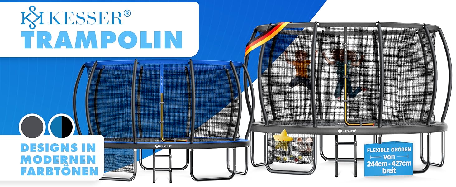 Батут KESSER® Outdoor Ø 244/305/366/427 см з сертифікатом GS, для дітей та дорослих (до 150 кг) з захисним сітком, сумкою, сходами, захисним бортиком та м'якими стійками сітки, антрацит