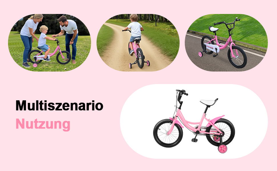 Дитяче велосипед 16 дюймів для хлопчиків та дівчаток, регульована висота, знімні додаткові колеса, рожевий