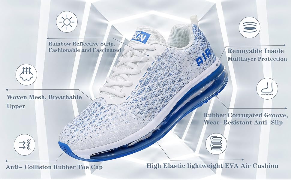 Кросівки для бігу Azooken: чоловічі та жіночі, для занять спортом, джогінгу, тенісу, бігу по вулицях, активного відпочинку, фітнесу, трейлраннінгу. Розміри 36-47. Кольори: білий, синій, чорний.