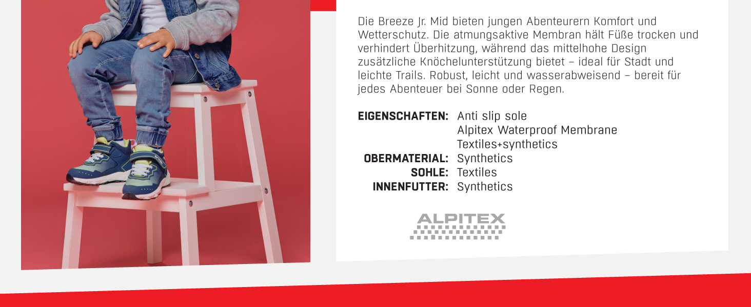Дитячі трекінгові черевики Alpina Breeze Jr Mid – водонепроникні, з мембраною Alpitex та антиковзкою підошвою. Розміри 25-35 (33 EU)