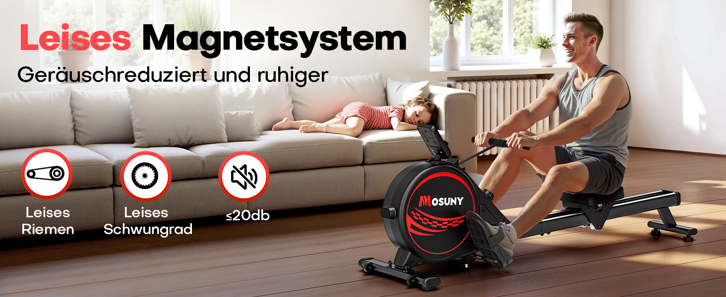 Гребний тренажер для дому з регулюванням опору 16/32 рівні, тихий магнітний, з LCD-дисплеєм, до 180 кг, чорний+червоний