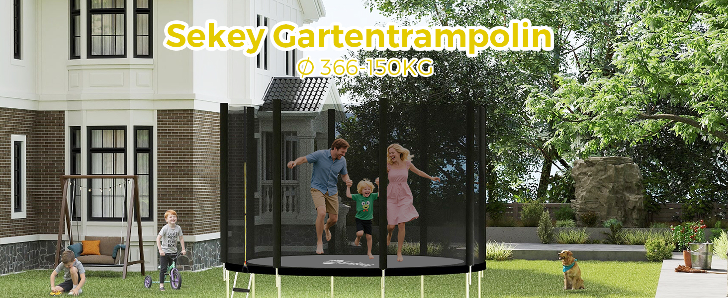 Трамплін Sekey Outdoor Ø 244/305/366 см - сертифікований TÜV Rheinland GS, дитячий, для саду з безпечним мотузковим драбиною, посиленим захисним сіткою та захисним бордюром (Чорний, 366 см/12 футів)