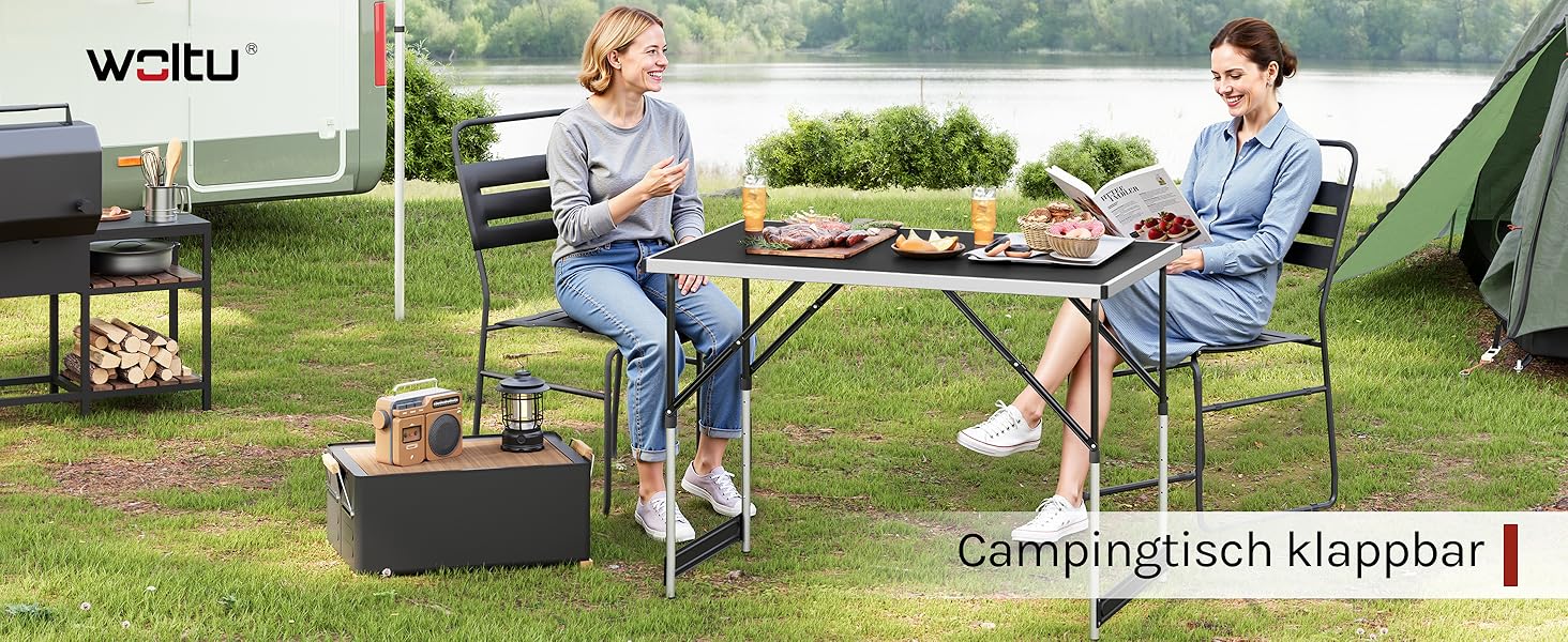 Стіл туристичний складний WOLTU® для кемпінгу, саду, балкону, роботи, регульована висота, алюміній, сталь, МДФ (чорний)