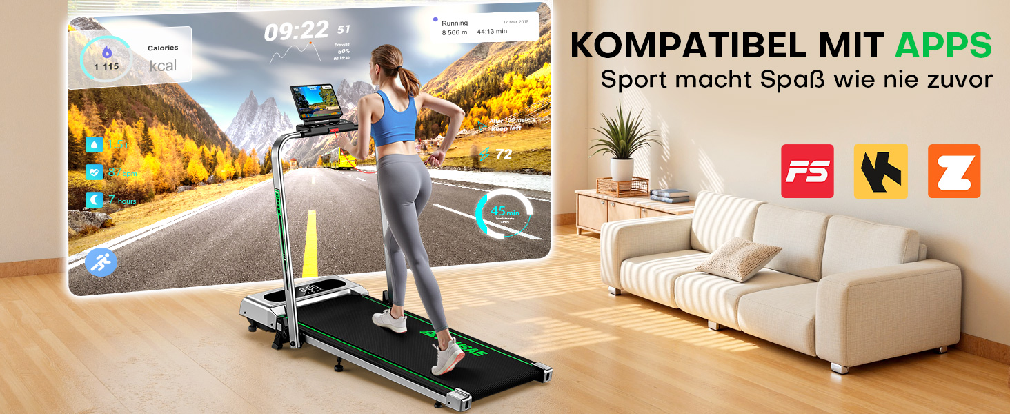 Біговий тренажер для дому 5-в-1, Klappbar Laufband, 12 км/год, 9% нахил, 2.75HP безщітковий мотор, LED-дисплей, сумісність з додатком, 12 програм, подвійна функція (срібно-зелений)