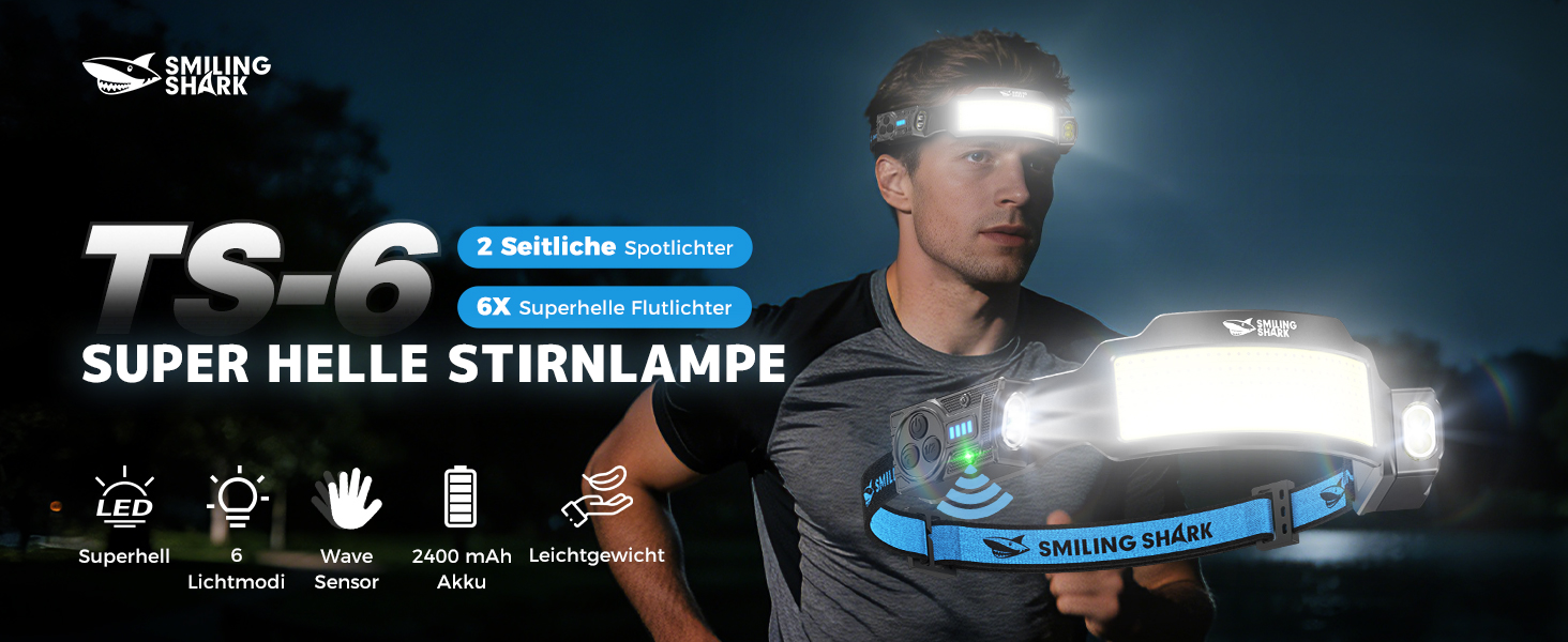 Налобний ліхтар Smiling Shark TS-6 LED, акумуляторний, 2400mAh, з регульованим світлом, 6 світлових режимів, сенсор руху, для кемпінгу, бігу, туризму