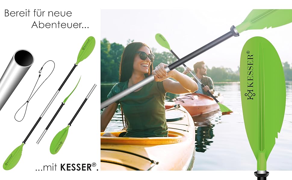 Веслування KESSER® Paddle Doppelpaddel - 4-частини для каяка, SUP, станд-ап паділбордингу, 228 см, алюміній. Ідеально для човна, веслування стоячи. В комплекті: страховочна мотузка, чохол для телефону, дошка для серфінгу. (Зелений)