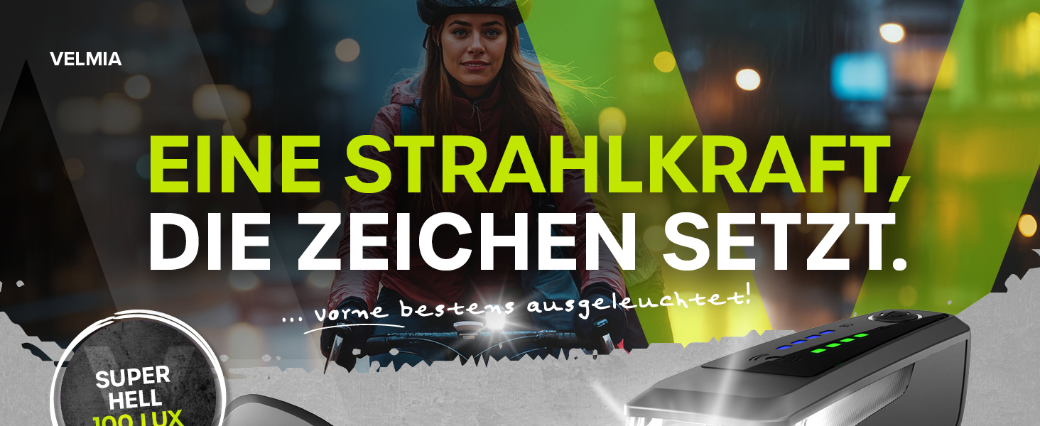 Комплект велосипедних LED-ліхтарів VELMIA з USB-акумулятором, переднє та заднє світло, водонепроникні, до 8,5 годин роботи, StVZO сертифікат