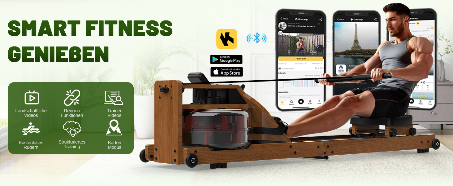 Гребний тренажер Kitopa RW719-50 з водою, для дому, з Bluetooth, Kinomap (30 днів)