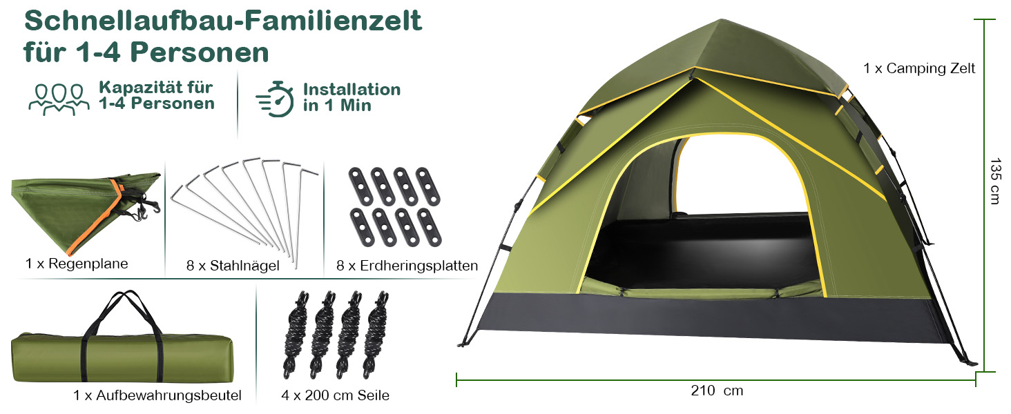 Намет для кемпінгу Jaztral 3-4 особи, автоматичний, куполоподібний, водонепроникний, вітростійкий, 3-4 сезонний, для сім'ї, трекінгу та кемпінгу, колір: зелений