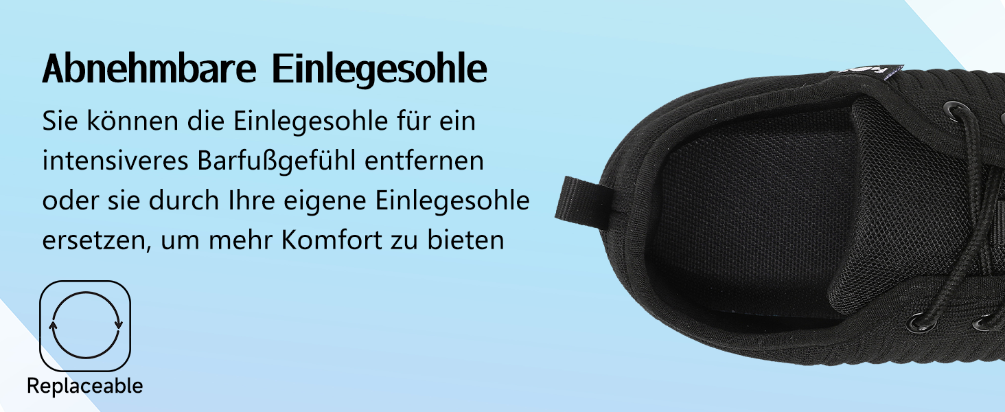 Geweo Кросівки для відпочинку та бігу без шкарпеток для жінок та чоловіків, широка носок, підошва Zero-Drop, легкі, дихаючі, антиковзкі, розмір 37-47, чорний