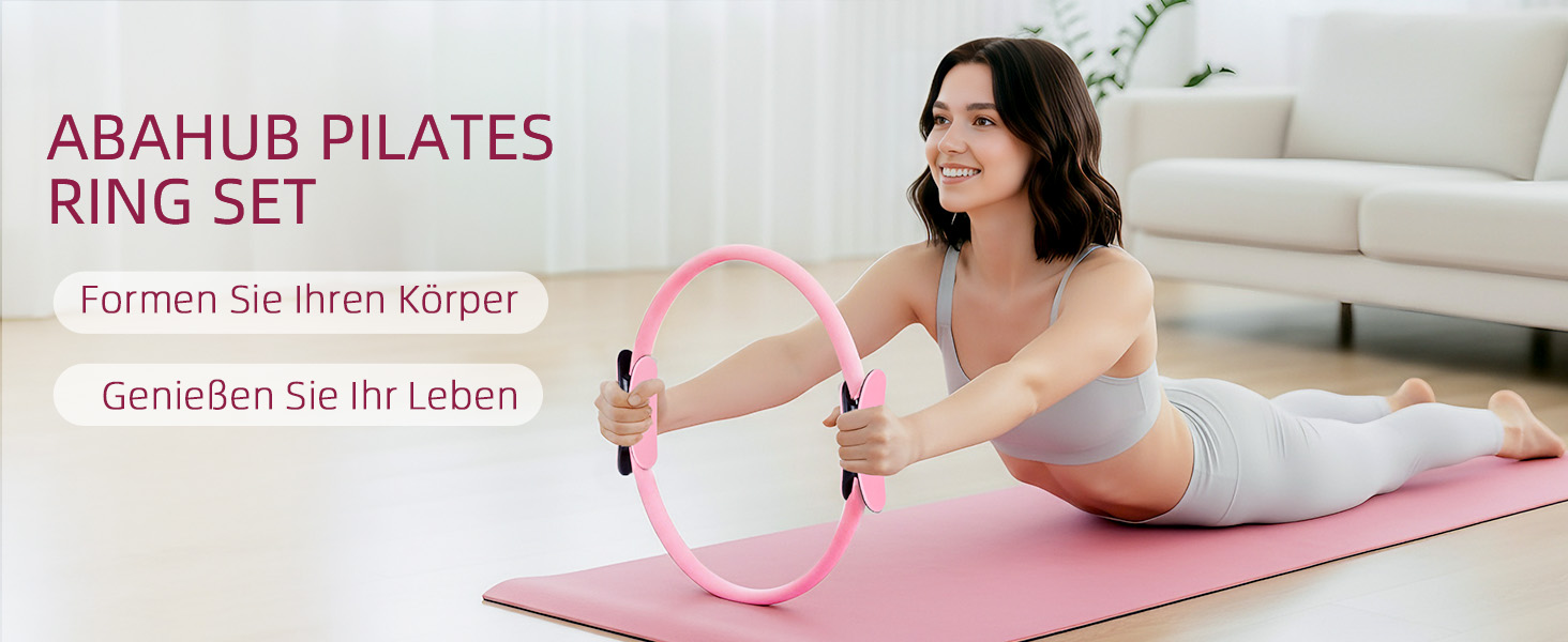 Набір для пілатесу Abahub: кільце 35 см, м'яч 25 см, 5 еластичних стрічок, шкарпетки для йоги, ковзаючі диски. Для жінок, домашні тренування, сила, гнучкість, стабільність та підтяжка тіла. Рожевий