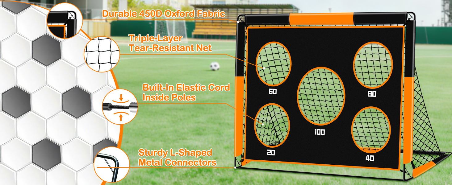 Дитячі воріта для футболу 2-в-1, 150х120 см, портативні та стабільні, з 5 зонами для забивання, 4 кілочки для кріплення та сумка для перенесення, для саду, парку, пляжу, оранжеві