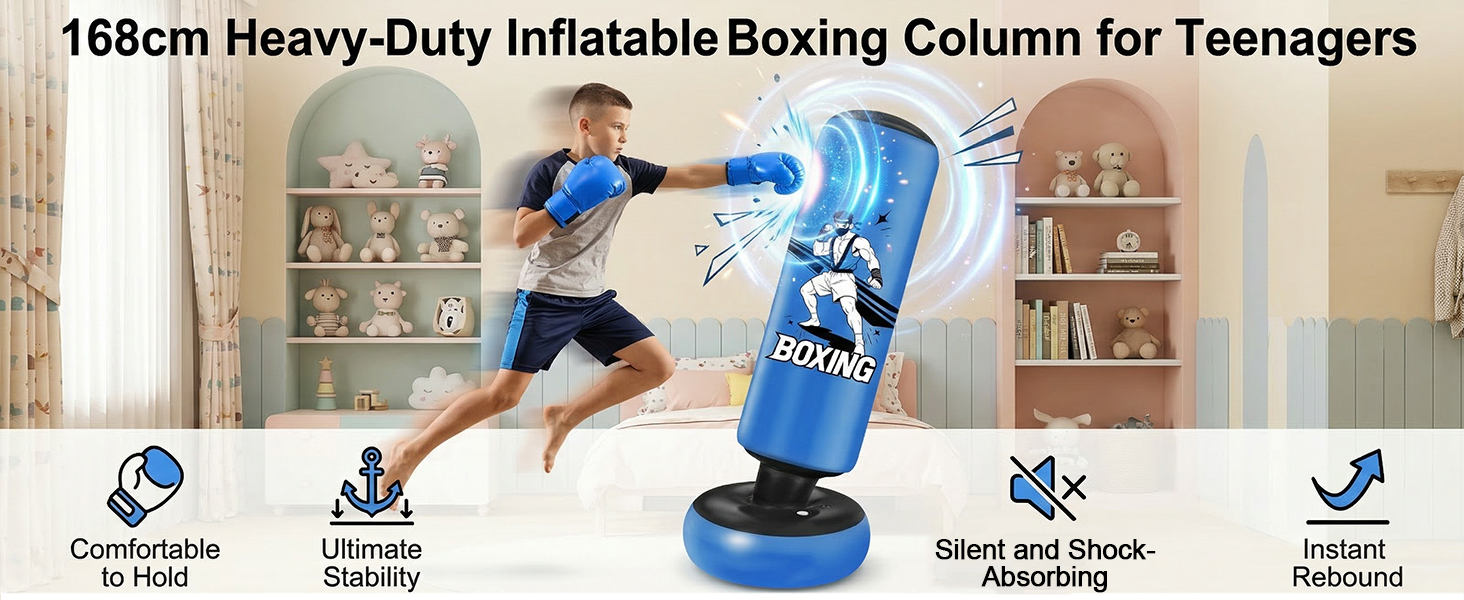 Боксерський мішок надувний для дітей 168 см з рукавичками та насосом, блакитний, з мотивом бійця, для дому, 5-12 років, для Karate та Taekwondo