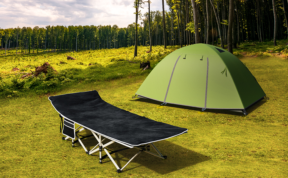 Зручне розкладне ліжко YITAHOME для кемпінгу та відпочинку на природі. Міцне, розкладне ліжко з матрацом, чорного кольору. Ідеально для подорожей та відпочинку на відкритому повітрі.