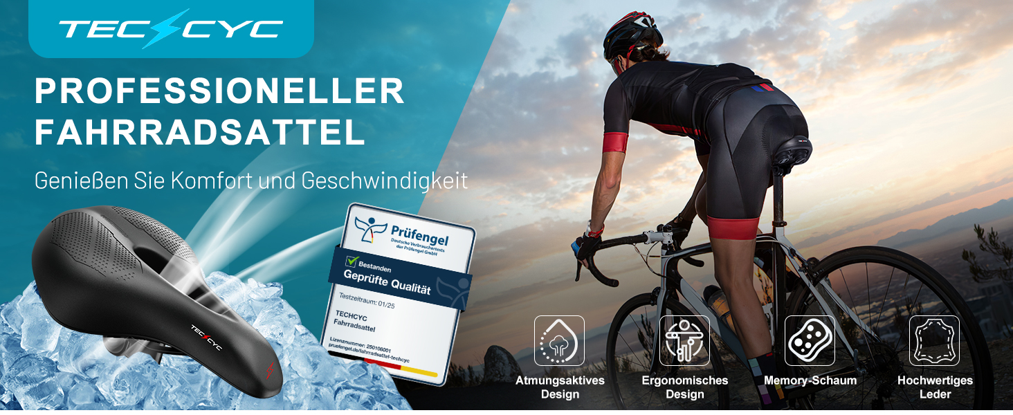 Велосипедне сідло TECHCYC з Memory Foam: комфортне, дихаюче, амортизуюче. Ергономічне сідло з підвіскою для чоловіків та жінок, 3 варіанти виконання, для трекінгу